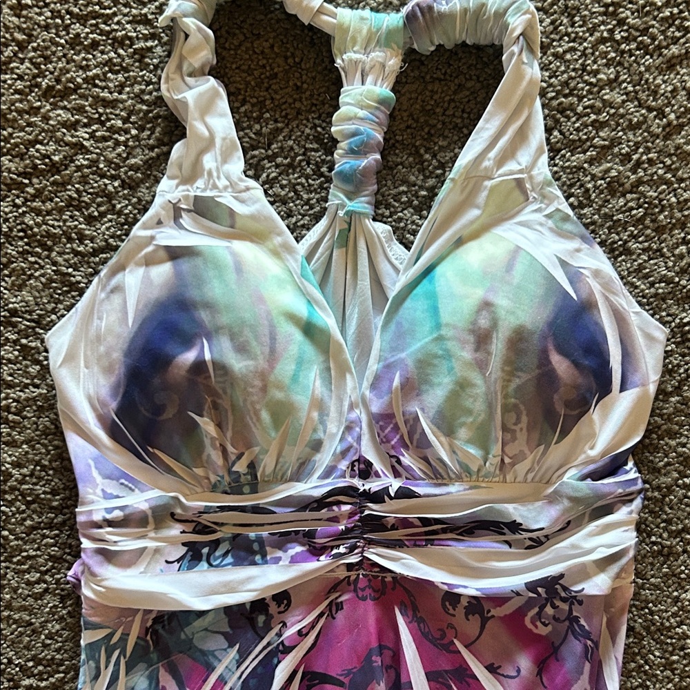Halter Floral Print Handkerchief Hem Dress - Pastel Pink & Purple - Picture 2 of 4